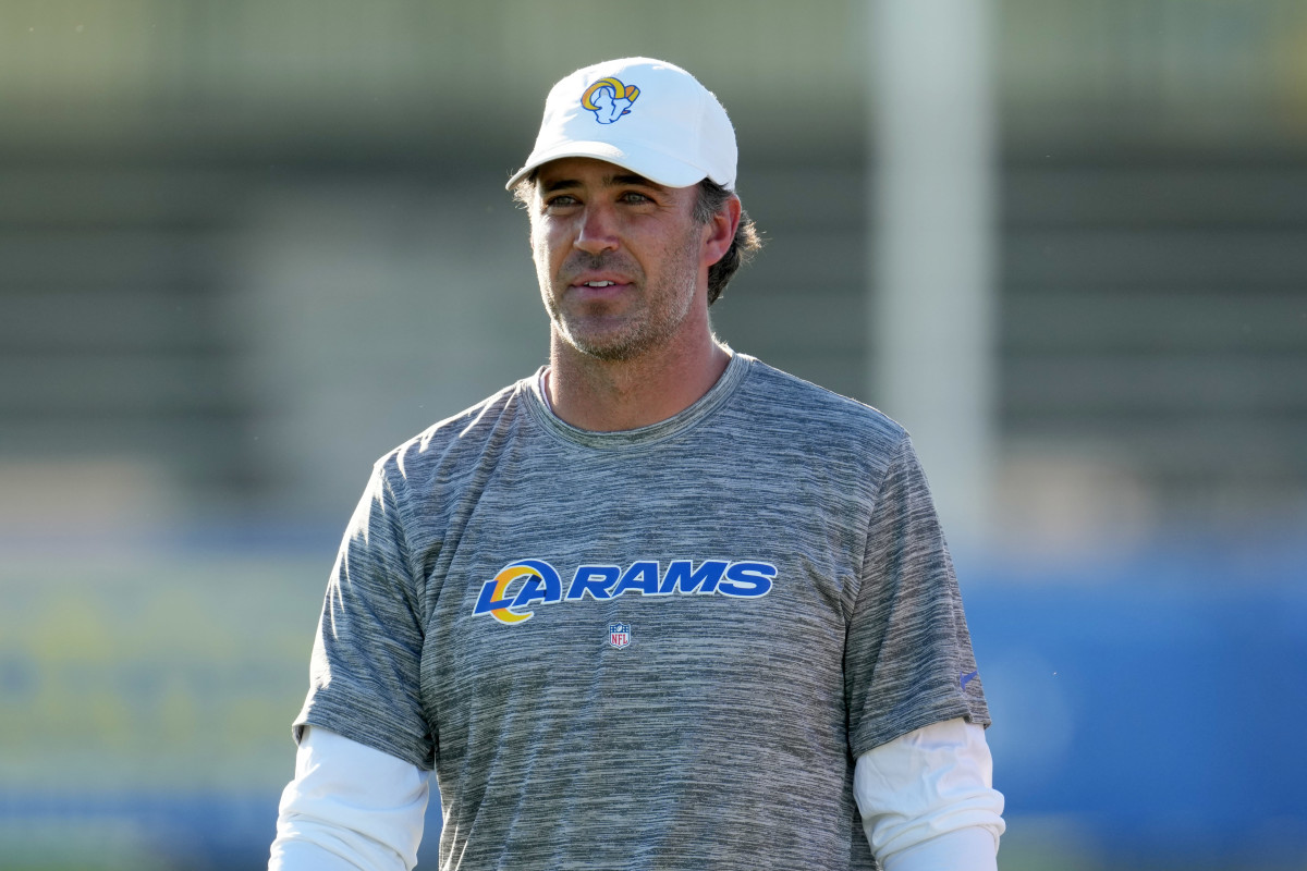 Jul 26, 2023; Irvine, CA, USA; Los Angeles Rams quarterbacks coach Zac Robinson during training camp at UC Irvine.